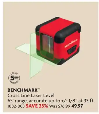 Home Hardware BENCHMARK Cross Line Laser Level 65' range, accurate up to +/- 1/8 at 33 ft offer