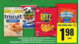 Food Basics CHRISTIE RITZ OR TRISCUIT CRACKERS OR CRISPERS OR BITS & BITES OR MAYNARDS SOUR PATCH ICE POP MIX offer