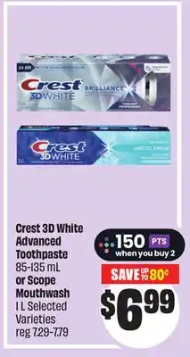 FreshCo Crest 3D White Advanced Toothpaste 85-135 mL or Scope Mouthwash 1 L Selected Varieties offer