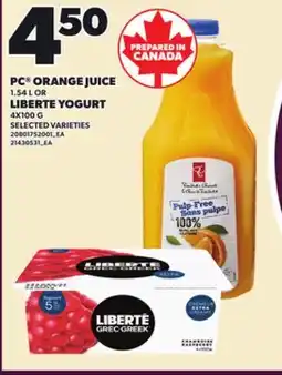 Loblaws PC ORANGE JUICE, 1.54 L OR LIBERTE YOGURT, 4X100 G offer