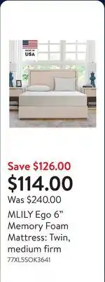 Walmart MLILY Ego 6 Memory Foam Mattress: Twin, medium firm offer