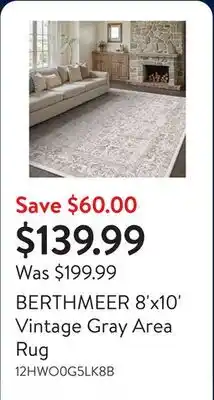 Walmart BERTHMEER 8'x10' Vintage Gray Area Rug offer