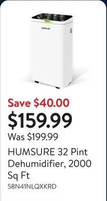 Walmart HUMSURE 32 Pint Dehumidifier, 2000 Sq Ft offer
