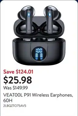 Walmart VEAT00L P91 Wireless Earphones, 60H offer