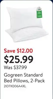 Walmart Gogreen Standard Bed Pillows, 2-Pack offer
