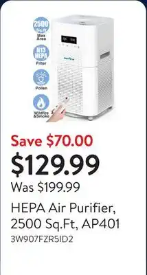 Walmart HEPA Air Purifier, 2500 Sq.Ft, AP401 offer