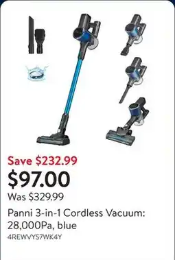 Walmart Panni 3-in-1 Cordless Vacuum: 28,000Pa, blue offer