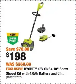 Home Depot EXCLUSIVE RYOBI 18V ONE+ 10 Snow Shovel Kit with 4.0Ah Battery and Charger offer