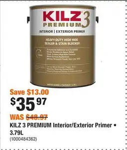 Home Depot KILZ 3 PREMIUM Interior/Exterior Primer • 3.79L offer