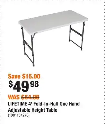 Home Depot LIFETIME 4' Fold-In-Half One Hand Adjustable Height Table offer