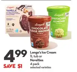 Longo's Ice Cream 1L tub or Novelties offer
