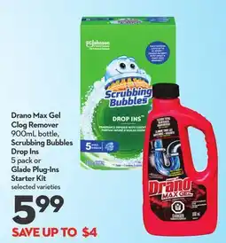Longo's Max Gel Clog Remover 900mL bottle, Scrubbing Bubbles Drop Ins 5 pack or Glade Plug-Ins Starter Kit offer