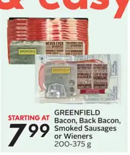 Sobeys GREENFIELD Bacon, Back Bacon, Smoked Sausages or Wieners offer
