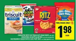 Food Basics Christie Ritz or Triscuit Crackers, Crispers or Bits & Bites, Maynards Sour Patch Ice Pop Mix offer