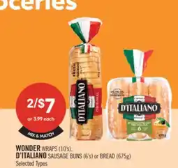 Shoppers Drug Mart WONDER WRAPS (10's), D'ITALIANO SAUSAGE BUNS (6's) or BREAD (675g) offer