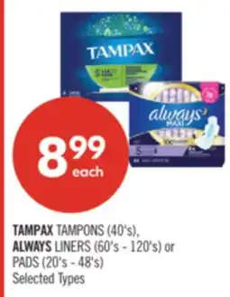 Shoppers Drug Mart TAMPAX TAMPONS (40's), ALWAYS LINERS (60's - 120's) or PADS (20's - 48's) offer