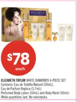 Shoppers Drug Mart ELIZABETH TAYLOR WHITE DIAMONDS 4-PIECE SET Perfumed Body Lotion (50mL) and Body Wash (50mL) offer