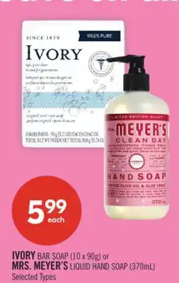 Shoppers Drug Mart IVORYBAR SOAP (10 x 90g) or MRS. MEYER'S LIQUID HAND SOAP (370mL) offer