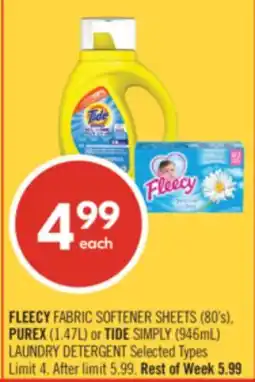 Shoppers Drug Mart FLEECY FABRIC SOFTENER SHEETS (80's), PUREX (1.47L) or TIDE SIMPLY (946mL) LAUNDRY DETERGENT offer