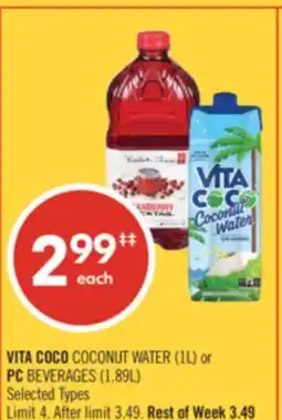 Shoppers Drug Mart VITA COCO COCONUT WATER (1L) or PC BEVERAGES (1.89L) offer