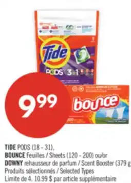 Pharmaprix TIDE PODS (18–31), BOUNCE Sheets (120–200), or DOWNY Scent Booster (379 g) offer