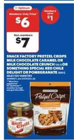 Real Canadian Superstore Snack Factory Pretzel Crisps or Something Special Red Chile Delight or Pomegranate offer