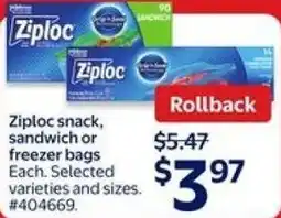 Walmart Ziploc snack, sandwich or freezer bags offer
