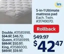 Walmart Serta 5-in-1 Ultimate mattress pad offer