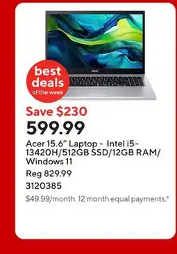Staples Acer 15.6 Laptop - Intel i5-13420H/512GB SSD/12GB RAM/Windows 11 offer
