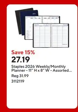 Staples Staples 2026 Weekly/Monthly Planner - 11 H x 8 W - Assorted Colours - Bilingual offer