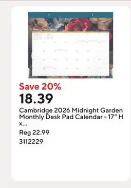 Staples Cambridge 2026 Midnight Garden Monthly Desk Pad Calendar - 17 H x 21-3/4 W - Bilingual offer