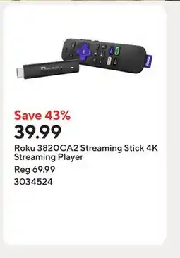 Staples Roku 3820CA2 Streaming Stick 4K Streaming Player offer