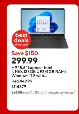 Staples HP 15.6 Laptop - Intel N100/128GB UFS/4GB RAM/Windows 11 S with 1-year of Microsoft 365 offer