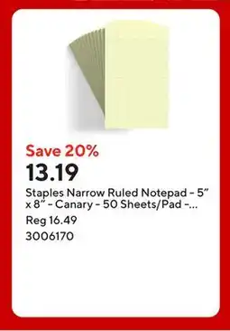 Staples Staples Narrow Ruled Notepad - 5 x 8 - Canary - 50 Sheets/Pad - 12 Pack offer