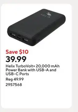 Staples Helix TurboVolt+ 20,000 mAh Power Bank with USB-A and USB-C Ports offer