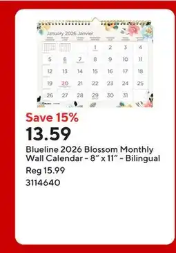 Staples Blueline 2026 Blossom Monthly Wall Calendar - 8 x 11 - Bilingual offer
