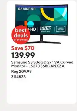 Staples Samsung S3 S36GD 27 VA Curved Monitor - LS27D368GANXZA offer