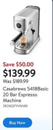 Walmart Casabrews 5418Basic 20 Bar Espresso Machine offer