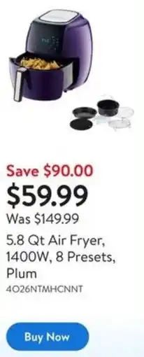 Walmart 5.8 Qt Air Fryer, 1400W, 8 Presets, Plum offer