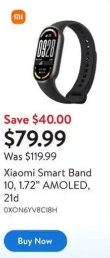 Walmart Xiaomi Smart Band 10, 1.72" AMOLED, 21d offer