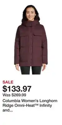 Sport Chek Columbia Women's Longhorn Ridge Omni-Heat Infinity and Omni-Shield Water Resistant Insulated Jacket offer