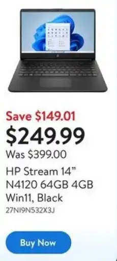 Walmart HP Stream 14" N4120 64GB 4GB Win11, Black offer