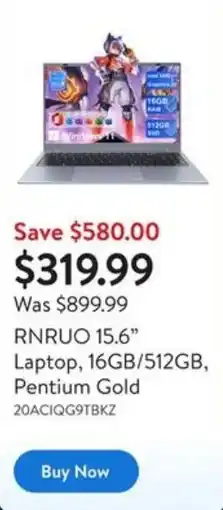Walmart RNRUO 15.6" Laptop, 16GB/512GB, Pentium Gold offer