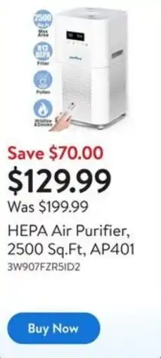 Walmart HEPA Air Purifier, 2500 Sq.Ft, AP401 offer
