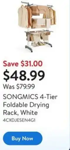 Walmart SONGMICS 4-Tier Foldable Drying Rack, White offer