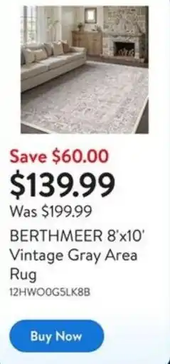 Walmart BERTHMEER 8'x10' Vintage Gray Area Rug offer