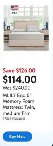 Walmart MLILY Ego 6" Memory Foam Mattress: Twin, medium firm offer