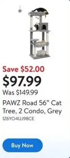 Walmart PAWZ Road 56" Cat Tree, 2 Condo, Grey offer