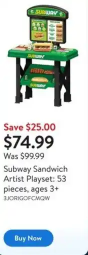 Walmart Subway Sandwich Artist Playset: 53 pieces, ages 3+ offer