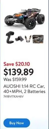 Walmart AUOSHI 1:14 RC Car, 40+MPH, 2 Batteries offer